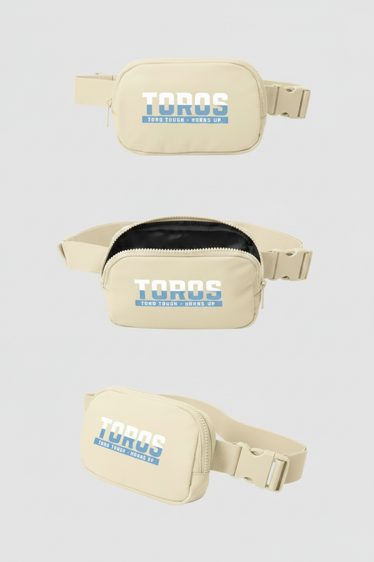 Beige waist bag with 'TOROS' branding on a white background with 'TOROS' logo.