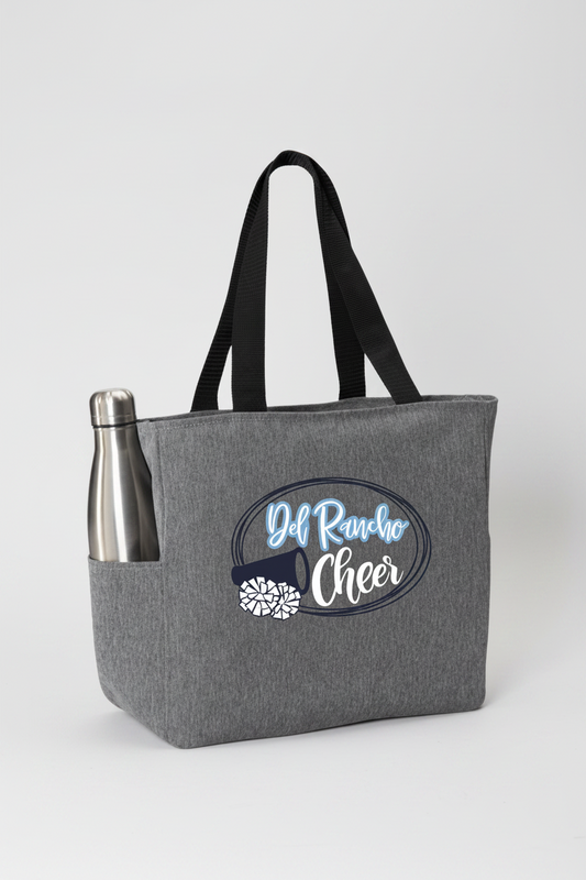 Gray tote bag with 'Del Rancho Cheer' design on a white background