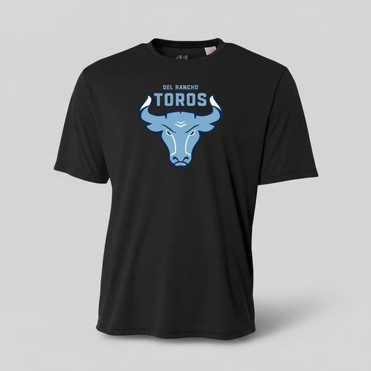 Black t-shirt with blue bull logo and text on a white background