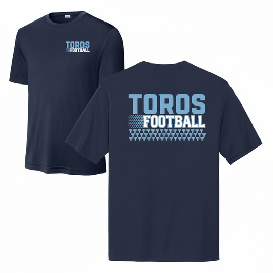 Navy blue t-shirt with 'TOROS FOOTBALL' text on front and back