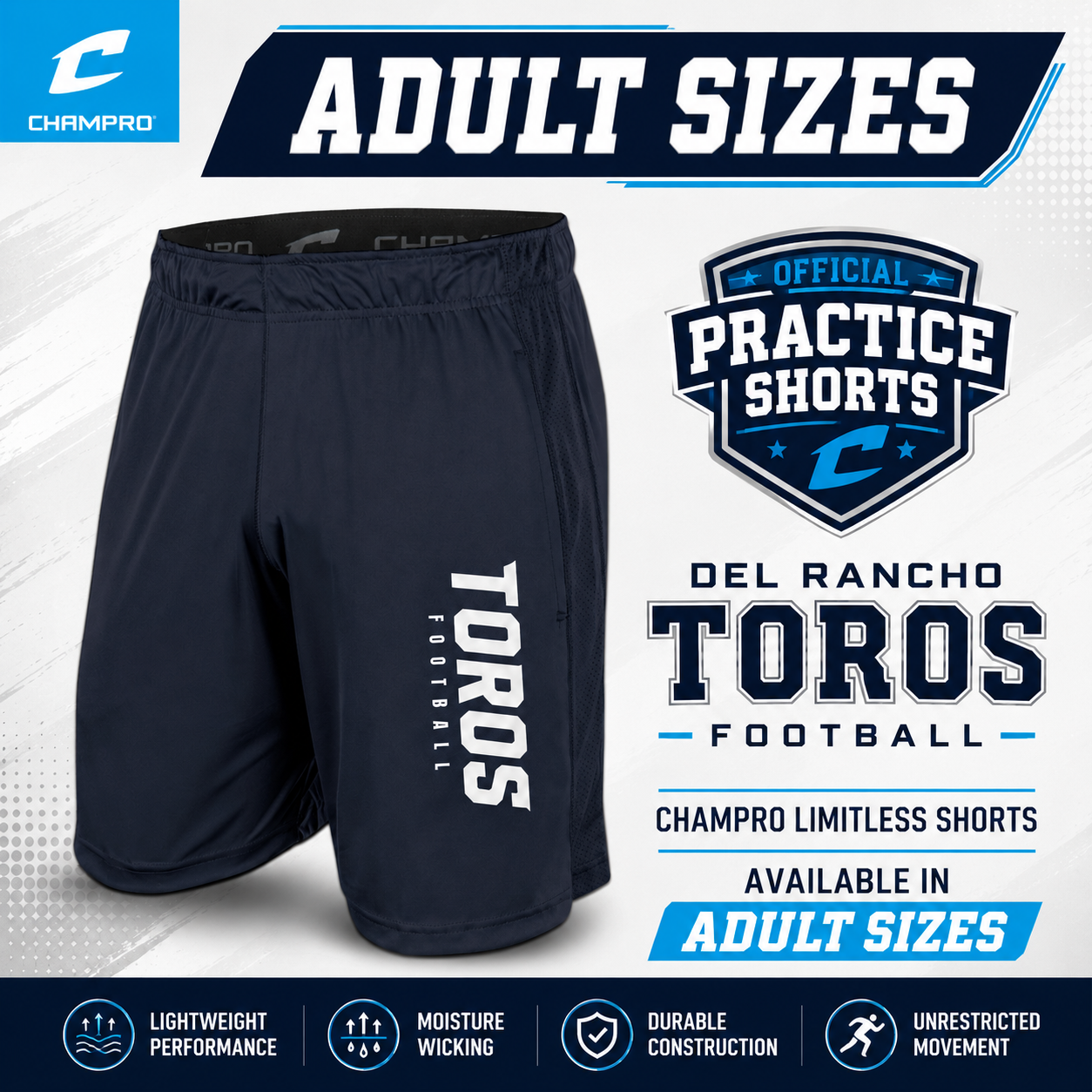 Del Rancho Toros Football Limitless Practice Shorts (ADULT)