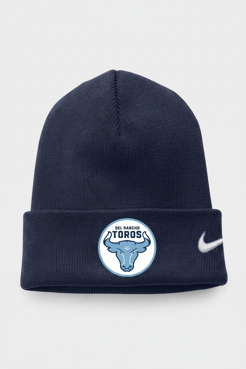 Navy beanie with a logo on a white background