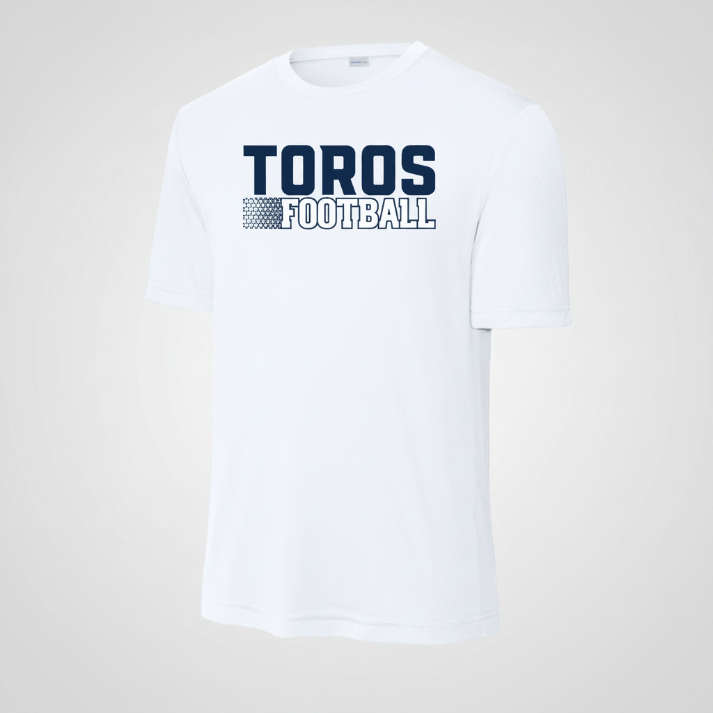 White t-shirt with 'TOROS FOOTBALL' text on a white background