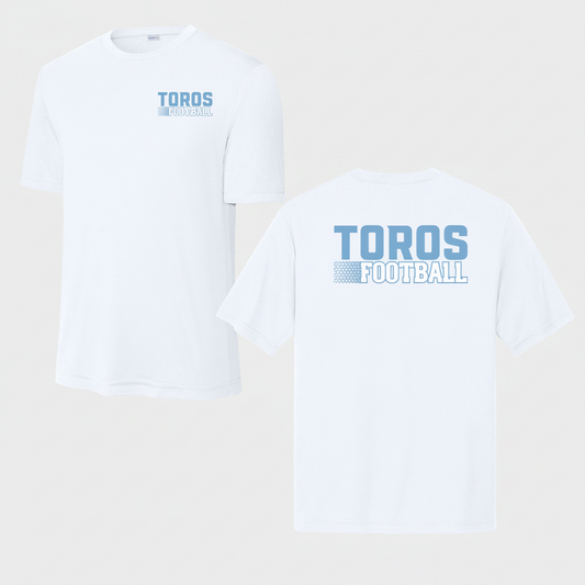 White t-shirt with 'TOROS FOOTBALL' printed on the front and back