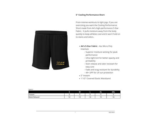 LADIES - Team Puma Wrestling – 5" Cooling Performance Shorts