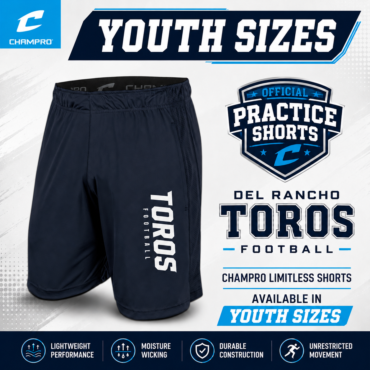 Del Rancho Toros Football Limitless Practice Shorts (YOUTH)
