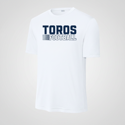 White t-shirt with 'TOROS FOOTBALL' text on a white background