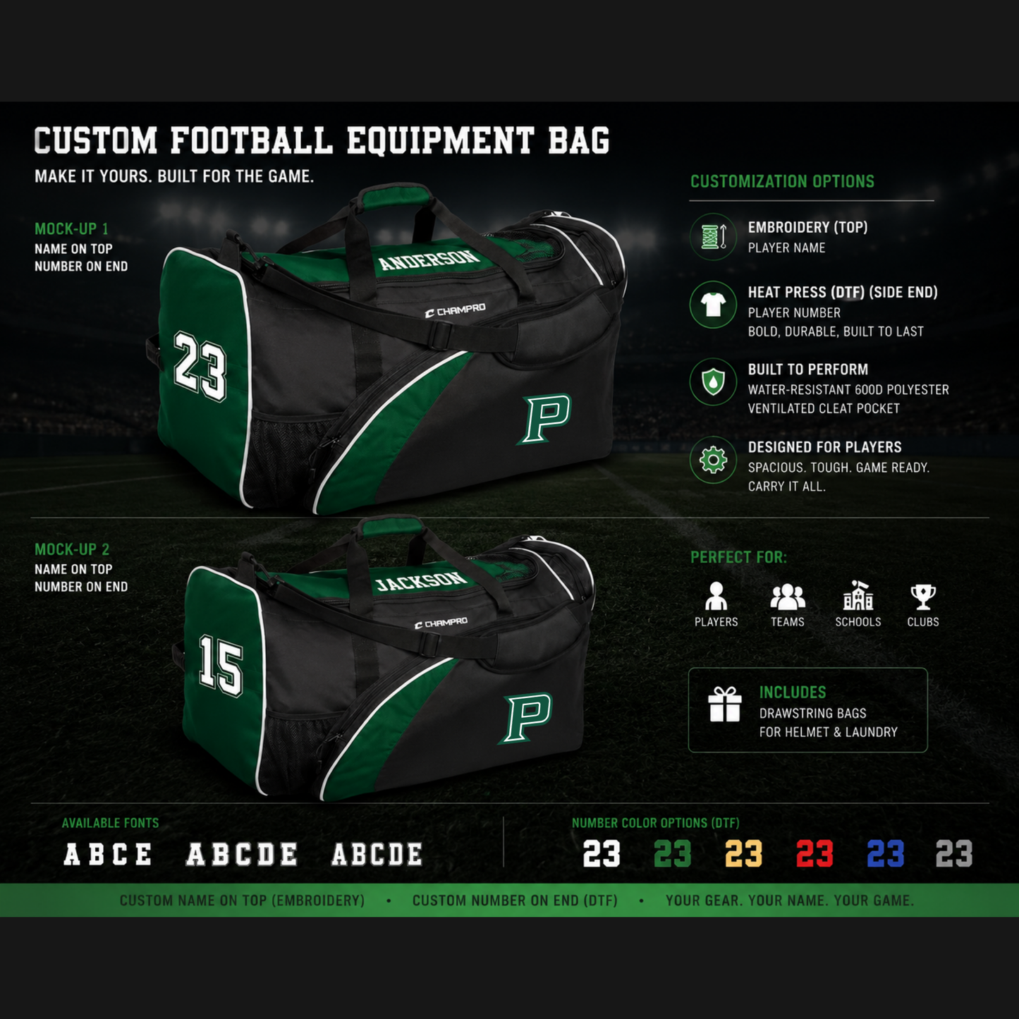 CUSTOM VARSITY FOOTBALL EQUIPMENT BAG 26" X 15" X 15"